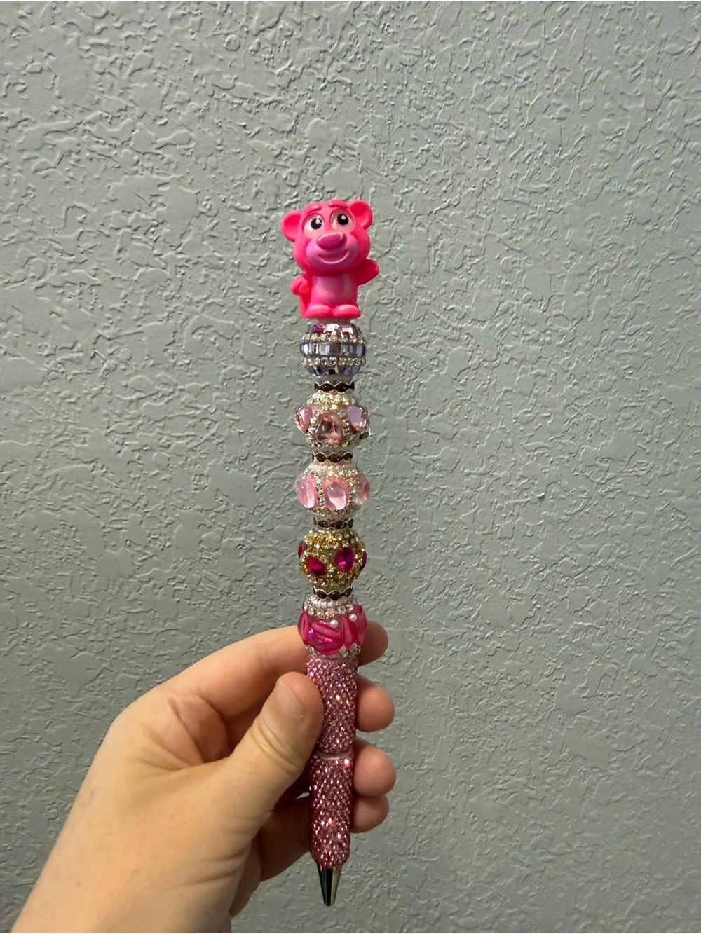Pink Beaded Novelty Pen with Bear Topper